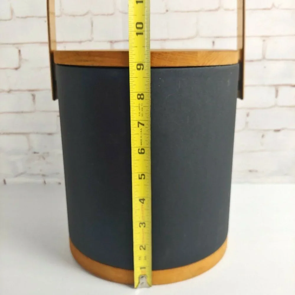 Morgan Ice Bucket with Lid Vinyl Covered in Brown with Wood Mid Century MCM